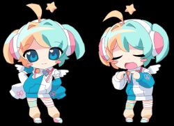  1girl 2000s_(style) ahoge angel_wings animated animated_gif anime_coloring aqua_hair asymmetrical_legwear blonde_hair blue_eyes blush_stickers chibi chibi_only closed_eyes colinarmis commentary commission dancing detached_sleeves english_commentary faux_retro_artstyle headphones jacket leg_warmers mismatched_legwear multicolored_hair multiple_views original short_twintails smile split-color_hair star_(symbol) track_jacket transparent_background twintails wings 