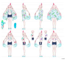 1girl a-pose absurdres airani_iofifteen airani_iofifteen_(holonatsu_paradise) anklet artist_request bikini bikini_under_shorts blue_hair bow copyright_name criss-cross_halter denim denim_shorts gradient_hair hair_bow hair_over_shoulder halterneck highleg highleg_bikini highres hololive hololive_indonesia jewelry long_hair multicolored_hair multiple_views navel official_art paint_splatter pink_bow pink_hair pink_scrunchie pouch purple_eyes reference_sheet ruffle_bikini sandals scrunchie see-through_clothes see-through_shirt shirt shorts side-tie_bikini_bottom sidelocks simple_background starfish_hair_ornament straight-on swimsuit thigh_pouch turnaround twintails very_long_hair virtual_youtuber water_gun white_background white_bikini wrist_scrunchie