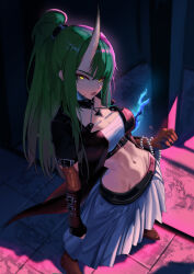  1girl absurdres arknights boots breasts coat fingerless_gloves gloves grey_hair highres horns hoshiguma_(arknights) long_hair long_skirt looking_at_viewer medium_breasts navel pleated_skirt ponytail silvertina single_horn skirt solo standing stomach thigh_boots very_long_hair white_gloves yellow_eyes 