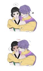  1boy 1girl absurdres backyeonho black_hair blunt_bangs commentary double_bun earrings hair_bun hair_over_eyes halterneck highres hug hug_from_behind jewelry kiss kpop_demon_hunters mystery_(kpop_demon_hunter) parted_lips purple_hair short_hair simple_background squiggle sweater_vest turtleneck white_background zoey_(kpop_demon_hunters) 