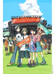  3boys 6+girls :d armpits arms_up bag banner baseball_cap black_eyes black_hair black_shirt blonde_hair blue_pants blue_skirt blue_sky braid brown_hair bucket_hat closed_mouth cloud commentary concert from_behind fujii_ayame full_body futsuu_no_keion-bu grass hand_in_pocket hat hatono_chihiro headscarf heartbreak_(futsuu_no_keion-bu) highres holding_banner kida_taishi kouyama_rin long_hair looking_at_viewer multiple_boys multiple_girls nitta_tamaki open_clothes open_mouth open_shirt outdoors pants pink_shirt purple_eyes purple_hair red_eyes red_hair ribbed_socks shirt shoes short_hair shorts shoulder_bag skirt sky sleeveless sleeveless_shirt smile sneakers socks stage stage_lights standing t-shirt thumbs_up tororo_oishi_ym towel towel_on_head twin_braids twintails twitter_username uchida_momo v walking white_shirt wristband yoshida_kaori 