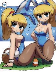  1girl animal_ears arm_support ass basket black_shoes blonde_hair blue_background blue_bow blue_bowtie blue_eyes blue_leotard blush bow bowtie breasts brown_pantyhose cleavage collarbone detached_collar easter easter_egg egg fake_animal_ears fake_tail from_behind grass hand_on_own_hip heart high_heels large_breasts leotard long_hair looking_at_viewer looking_back metroid multiple_views nintendo pantyhose parted_lips playboy_bunny ponytail rabbit_ears rabbit_tail samus_aran shoes sitting smile sparkle speech_bubble spoken_heart standing tail teeth thick_thighs thighs tony_welt wide_hips 