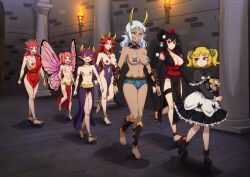  6+girls absurdres agares_(someinternetloser) anklet antennae areola_slip astaroth_(someinternetloser) bael_(someinternetloser) barefoot belial_(someinternetloser) black_hair blonde_hair body_markings boots bracelet breasts butterfly_wings cleavage collar commission commissioner_upload crow_wings dantalion_(someinternetloser) dark-skinned_female dark_skin demon_girl demon_horns doll fang flat_chest full_body functionally_nude geta goat_eyes gothic_lolita gremory_(someinternetloser) grin hat highres horns huge_filesize insect_wings jewelry large_breasts loincloth loli lolita_fashion long_hair malphas_(someinternetloser) multiple_girls one_breast_out original pasties pelvic_curtain pink_hair pointy_ears pom_pom_(clothes) purple_hair red_eyes red_hair revealing_clothes serious short_hair smile spiked_collar spikes tengu tengu-geta the_dark_mangaka toga tokin_hat twintails walking white_hair wings  rating:Questionable score:50 user:SomeInternetLoser