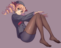  1girl alternate_costume black_headwear black_jacket black_pantyhose black_skirt brown_eyes brown_hair closed_mouth commentary_request dated drill_hair earrings feet full_body grey_background jacket jewelry knees_together_feet_apart knees_up legs long_sleeves looking_at_viewer no_shoes pantyhose signature simple_background skirt smile solo syope toes touhou sunken_fossil_world twin_drills twitter_username yorigami_jo&#039;on  rating:Sensitive score:12 user:danbooru