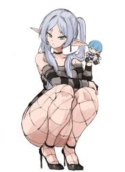  1boy 1girl bare_shoulders black_choker blue_hair breasts character_doll choker closed_mouth collarbone doll dress earrings elf fishnet_pantyhose fishnets floating_earrings frieren green_eyes grey_hair high_heels highres himmel_(sousou_no_frieren) holding jewelry legs long_hair long_sleeves looking_at_viewer pantyhose pointy_ears rakeemspoon short_hair simple_background smile solo sousou_no_frieren stuffed_toy teardrop_earrings thick_thighs thighs twintails white_background white_hair 