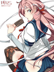  10s 1girl akashi_(kancolle) bandana butt_crack character_name female_focus food from_behind green_eyes highres hip_vent kantai_collection long_hair looking_at_viewer looking_back panties pantyshot personification pink_hair popsicle school_uniform serafuku side_slit simple_background skirt solo super_zombie thighhighs twitter_username underwear upskirt white_background white_panties  rating:Sensitive score:11 user:danbooru
