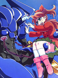  1boy 1girl android arm_blade armor asagi_marin blue_background blue_skin boots bow brigadoon brown_hair coat colored_skin day eye_contact glasses green_skirt hair_bow hetero hood hood_down hooded_coat kneehighs long_sleeves looking_at_another mecha_on_girl melan_blue mezutoron outdoors panties pink_boots ponytail red_coat red_eyes robot skirt socks underwear weapon white_panties white_socks 