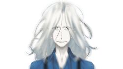  1boy black_eyes black_overalls blue_shirt clenched_teeth eyes_visible_through_hair fukuda_tomonori game_cg highres kimijima_kou long_hair non-web_source official_art open_collar overalls pale_skin parted_lips robotics;notes science_adventure shirt surprised teeth transparent_background wide-eyed 