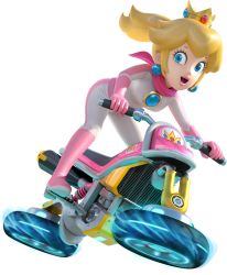  1girl absurdres belt biker_clothes bikesuit blonde_hair blue_eyes bodysuit boots crown earrings female_focus gloves high_heels highres jewelry knee_boots mario_(series) mario_kart mario_kart_8 nintendo open_mouth ponytail princess_peach scarf skin_tight solo super_mario_bros._1 vehicle  rating:Sensitive score:29 user:TricksterA2