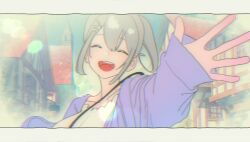  1girl :d ^_^ alternate_costume alternate_hairstyle blurry blurry_background breasts closed_eyes collarbone day double-parted_bangs facing_viewer flower grey_hair hair_between_eyes hair_flower hair_ornament hairclip highres hololive jacket large_breasts letterboxed long_sleeves official_art open_clothes open_hand open_jacket open_mouth outdoors outstretched_arm ponytail purple_jacket reaching reaching_towards_viewer shirogane_noel shirt short_hair sleeves_past_wrists smile solo teeth upper_teeth_only uraura_ura-chan virtual_youtuber white_shirt 