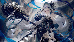  1girl arknights banpai_akira black_dress black_hat blue_nails circular_saw commentary company_name copyright_name copyright_notice dress floating_hair grey_hair hat highres holding holding_weapon long_hair looking_at_viewer nail_polish official_art red_eyes saw smile solo specter_(arknights) specter_the_unchained_(arknights) very_long_hair weapon 