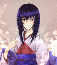  1girl black_hair blush brown_eyes female_focus gradient_background japanese_clothes kimono long_hair nagisa-a rurouni_kenshin solo yukishiro_tomoe  rating:Sensitive score:11 user:salarta