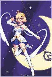  1girl absurdres ahoge arcueid_brunestud bare_shoulders blonde_hair blue_skirt breasts carnival_phantasm choker cleavage crescent crescent_hair_ornament crescent_moon dress fate/grand_order fate_(series) gloves hair_ornament hecate&#039;s_staff_(fate) highres large_breasts magical_girl hecate&#039;s_staff_(fate) moon phantas-moon pixel_art raptorbr red_eyes short_hair skirt smile solo space star_(sky) take_moon thighhighs tsukihime tsukihime_(remake) type-moon 