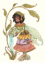  dark-skinned_female dark_skin disney_fairies_(book_series) earrings fairy fairy_wings highres holding holding_watering_can jewelry kuridel lily_(disney_fairies) lips mini_person minigirl pants pants_under_skirt plant_clothing pointy_ears shirt shoes skirt smile solo very_dark_skin watering watering_can wings 