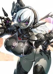  1girl breasts butt_crack colored_skin facial_mark go-malniju grey_skin grin hand_on_own_hip highres joints large_breasts leaning_forward long_hair looking_at_viewer mechanical_ears mechanical_tail original purple_eyes ringed_eyes robot_girl robot_joints science_fiction smile tail white_hair 