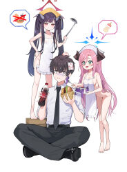  1boy 2girls absurdres aged_down apron black_hair black_necktie blue_archive breasts clothed_male_nude_female food fuuka_(blue_archive) green_eyes gro_(lee145879) halo highres holding holding_ladle horns juri_(blue_archive) ladle loli long_hair multiple_girls naked_apron necktie nude pink_hair sensei_(blue_archive) simple_background white_background 