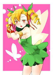  10s 1girl blonde_hair blush border drill_hair earrings engawa_(rarenago) fairy_wings female_focus jewelry long_hair looking_at_viewer love_live! love_live!_school_idol_festival open_mouth outside_border red_eyes simple_background solo standing stud_earrings torii_ayumi twin_drills twintails white_border wings 