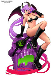  1girl bat_wings bikini black_bikini boots breasts demon_girl elbow_gloves eyepatch female_focus gloves horns large_breasts long_hair original purple_hair ryu_(ryu&#039;s_form_site) skull solo swimsuit very_long_hair wings  rating:Sensitive score:14 user:danbooru