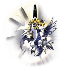  arm_up black_sclera colored_sclera dragon dragon_village_(series) dragon_village_collection feathered_wings game_cg holding holding_sword holding_weapon janus_(dragon_village) janus_(knight-captain_of_light_and_dark)_(dragon_village) looking_at_viewer multiple_wings no_humans official_art sword third-party_source transparent_background weapon white_eyes wings 