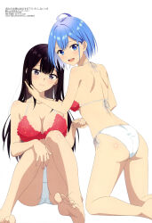  2girls absurdres ass bare_shoulders bikini black_hair blue_hair breasts cleavage crotch_seam danjo_no_yuujou_wa_seiritsu_suru? enomoto_rion highres holding_hands inuzuka_himari kneeling large_breasts long_hair looking_at_viewer magazine_scan megami_magazine multiple_girls official_art scan short_hair simple_background sitting small_breasts soles swimsuit thighs white_background 