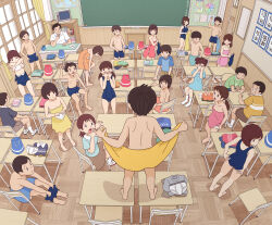  6+boys 6+girls blue_male_swimwear blue_one-piece_swimsuit brown_hair chalkboard classroom closed_mouth commentary_request desk exhibitionism flashing highres indoors kiyo_(kyokyo1220) loli long_hair male_swimwear multiple_boys multiple_girls on_desk one-piece_swimsuit open_mouth original paid_reward_available public_indecency school_desk school_swimsuit short_hair shota sitting swimsuit undressing wrap_towel 