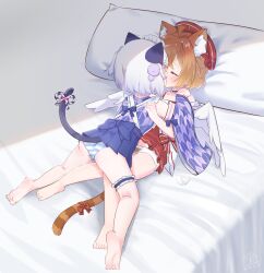  2girls absurdres ahoge animal_ear_fluff animal_ears artistic_error barefoot bed blue_shirt blue_skirt brown_hair cat_ears cat_girl cat_tail chinese_commentary clothes_lift commentary_request detached_sleeves face-to-face feathered_wings feet hands_on_another&#039;s_shoulders hat highres japanese_clothes kimono kiss kneepits legs loli lying lying_on_person md5_mismatch miniskirt multiple_girls on_back on_stomach original panties pillow pleated_skirt print_panties red_hat red_skirt shirt short_hair skirt skirt_lift soles sstareven2 striped_clothes striped_panties tail thighs toes underwear variant_set white_hair white_panties white_wings wings wrong_foot yuri 