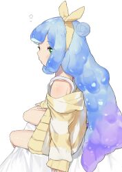  1girl blue_hair bow from_side gradient_hair green_eyes hair_bow hair_bun hairband hand_on_own_leg highres long_hair loose_clothes monster_girl multicolored_hair on_bed pajamas pocche-ex puniru_(puniru_wa_kawaii_slime) puniru_wa_kawaii_slime purple_hair sitting sleepy slime_(substance) slime_girl slime_hair solo solo_focus striped_clothes white_background yellow_hairband 