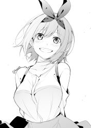  1girl :d archived_source artist_name bad_id bad_twitter_id blush breasts clenched_teeth go-toubun_no_hanayome greyscale grin hair_between_eyes hashtag-only_commentary highres large_breasts looking_at_viewer loose_hair_strand monochrome nakano_yotsuba open_mouth short_hair simple_background smile solo standing t1kosewad teeth twitter_username upper_body white_background 