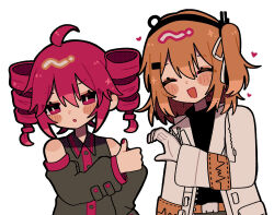  2girls a.i._voice adachi_rei ahoge averting_eyes black_shirt blush collared_shirt commentary_request detached_sleeves drill_hair embarrassed gloves hair_ribbon hand_on_own_hip headlamp heart heart_hands_failure highres jacket kasane_teto medium_hair multiple_girls okayu_(cwtv7823) one_side_up open_clothes open_jacket open_mouth orange_hair radio_antenna red_hair ribbon shirt simple_background sleeveless sleeveless_shirt smile thumbs_up turtleneck turtleneck_shirt twin_drills utau v-shaped_eyebrows white_background white_gloves white_jacket white_ribbon yuri 