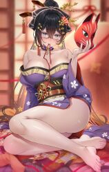  1girl absurdres arm_support armpit_crease ass_peek bare_legs bare_shoulders barefoot black_hair blurry blurry_background blush bow breasts choker cleavage closed_mouth commentary_request crossed_bangs crossed_knees double-parted_bangs emanon123 feet floral_print floral_print_kimono fox_mask full_body furisode glasses gold_trim grey_eyes hair_bow hair_intakes hair_ornament hair_stick hairclip high_ponytail highres hikinomiya_komori holding holding_mask indie_virtual_youtuber indoors japanese_clothes kanzashi kimono kimono_pull lace-trimmed_choker lace_trim large_breasts long_hair long_sleeves looking_at_viewer mask mole mole_on_breast mouth_hold nail_polish obi obiage obidome obijime off_shoulder petal_on_head ponytail print_kimono purple_kimono rectangular_eyewear red_mask sash shouji sitting sliding_doors smile solo string_in_mouth tasuki thighs toes very_long_hair virtual_youtuber yuujo 