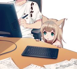 1boy 1girl 40hara animal_ear_fluff animal_ears aqua_eyes blonde_hair blouse cat_ears cat_girl collar commentary_request drawing_tablet head_out_of_frame holding holding_stylus computer_keyboard kinako_(40hara) long_hair original shirt short_sleeves sitting stylus white_background white_shirt rating:Sensitive score:12 user:creck