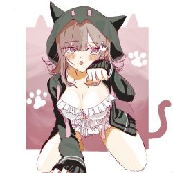  1girl :o bikini breasts brown_hair cat_girl cat_tail cho_koko-kyu_no_washi danganronpa_(series) danganronpa_2:_goodbye_despair flipped_hair frilled_bikini frills galaga highres jacket long_sleeves looking_at_viewer medium_hair nanami_chiaki open_clothes open_jacket pink_eyes solo swimsuit tail white_bikini 