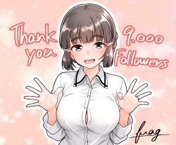  1girl :d absurdres artist_name black_eyes black_hair breasts buttons cleavage collared_shirt commentary_request english_text furaggu_(frag_0416) hair_ornament hairclip highres jewelry kantai_collection looking_at_viewer milestone_celebration myoukou_(kancolle) open_mouth ring shirt short_hair signature sleeves_rolled_up smile solo teeth thank_you tongue upper_body upper_teeth_only watermark white_shirt 