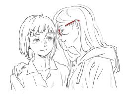  2girls bad_id bad_twitter_id bob_cut closed_eyes collarbone collared_shirt commentary glasses glub000 greyscale hair_behind_ear hand_on_another&#039;s_shoulder hibike!_euphonium hood hood_down hoodie inactive_account long_hair looking_at_another mole mole_under_eye monochrome multiple_girls nakaseko_kaori parted_lips red-framed_eyewear shirt short_hair sketch smile spot_color symbol-only_commentary tanaka_asuka upper_body 