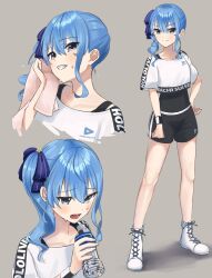  1girl blue_eyes blue_hair bottle collarbone grin hair_ribbon hand_on_own_hip high_tops highres holding holding_bottle holding_towel hololive hololive_dance_practice_uniform hoshimachi_suisei legs looking_at_viewer multiple_views open_mouth ribbon sakurano.neko shoes side_ponytail smile sneakers standing star_(symbol) star_in_eye sweat symbol_in_eye towel virtual_youtuber water_bottle white_shoes wiping_sweat wristband 