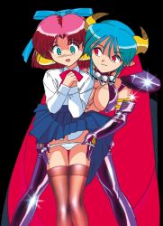  2girls age_difference black_background blush boots bow breasts cape carrera covered_erect_nipples demon_girl embarrassed gloves green_eyes green_hair hair_bow hair_ornament height_difference horns jewelry loli miniskirt monster_girl multiple_girls necklace official_art onee-loli open_mouth panties panty_pull pink_hair pleated_skirt pointy_ears rati red_eyes simple_background skirt skull smile thighhighs underwear viper_(series) yuri  rating:Questionable score:33 user:makutakraahkan