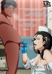  1boy 1girl age_difference bonobo-kun_(artist) breasts cleavage dandadan handjob highres large_breasts long_hair nurse onee-shota queen_sensei shota smile 