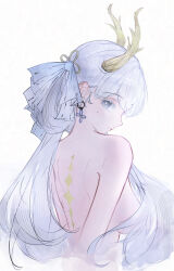  1girl absurdres breasts bright_pupils closed_mouth colored_eyelashes commentary earrings eastern_dragon_horns from_behind highres horns jewelry jinhsi_(wuthering_waves) large_breasts looking_at_viewer minseong_jo mole mole_on_cheek nude shoulder_blades solo tacet_mark_(wuthering_waves) white_eyelashes white_eyes white_hair white_pupils wuthering_waves yellow_horns 