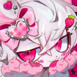  1girl animal_ears animal_hands barbell_piercing bow cat_ears cat_girl claws close-up colored_eyelashes commentary ear_piercing earrings food-themed_hair_ornament furry furry_female hair_bow hair_ornament hairclip hands_on_own_face heart industrial_piercing jewelry jitome long_hair looking_at_viewer original pawpads piercing pink_background pink_bow portrait ringed_eyes sidelocks simple_background skullsideart solo strawberry_hair_ornament symbol-only_commentary white_fur white_hair 