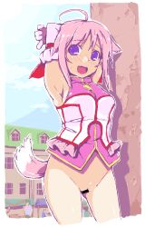  1girl ahoge animal_ears armpits arms_behind_head arms_up bar_censor blue_sky blush bodice bottomless building censored cleft_of_venus cloud commentary_request cropped_legs day dog_days dog_ears dog_girl dog_tail elbow_gloves embarrassed exhibitionism faceless furrowed_brow gloves himizuki_kazusa looking_at_viewer market_stall millhiore_f._biscotti nose_blush open_mouth outdoors partial_commentary people pink_hair public_indecency purple_eyes purple_gloves purple_shirt pussy shirt sideways_glance sky sleeveless sleeveless_shirt solo_focus standing sweatdrop tail teeth upper_teeth_only window 