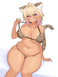  1girl alternate_hair_color animal_ears animal_print bikini blonde_hair blush breasts cat_girl commentary gradient_hair grin gyaru highres hololive large_breasts leopard_ears leopard_print leopard_print_bikini leopard_tail looking_at_viewer mochigomemcmc multicolored_hair navel nekomata_okayu ogyayu_(nekomata_okayu) pink_hair plump purple_eyes simple_background smile solo swimsuit tail tan thick_thighs thighs virtual_youtuber white_background wide_hips 