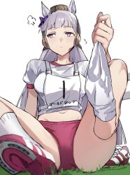  1girl animal_ears bare_legs blunt_bangs bow breasts brown_hat buruma character_name closed_mouth ear_bow feet foot_up gold_ship_(umamusume) grass grey_hair hat highres horse_ears horse_girl jenshenya long_hair looking_to_the_side medium_breasts midriff navel on_ground pillbox_hat pink_eyes purple_bow red_buruma removing_sock shirt shoes simple_background single_shoe sitting sketch sneakers socks soles solo tracen_training_uniform umamusume unworn_shoes very_long_hair white_background white_shirt white_socks 