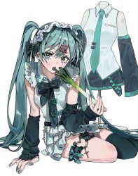  1girl aqua_eyes aqua_hair aqua_nails aqua_necktie arm_support arm_warmers black_arm_warmers black_bow blush bow bowtie detached_sleeves dress earrings eating food frilled_dress frilled_hairband frilled_thigh_strap frills hair_bow hairband hashtag-only_commentary hatsune_miku heart heart_o-ring highres holding holding_food holding_spring_onion holding_vegetable inu_totemo jewelry long_hair looking_at_viewer mannequin nail_polish necktie number_hair_ornament o-ring o-ring_thigh_strap shirt simple_background single_thighhigh sitting skirt solo spring_onion thigh_strap thighhighs tie_clip twintails unworn_clothes unworn_shirt unworn_skirt vegetable very_long_hair vocaloid white_background white_hairband yokozuwari 