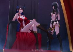  2girls absurdres alternate_costume ass asymmetrical_horns black_bodysuit black_boots black_hair blue_hair blunt_bangs bodysuit boots breasts center-flap_bangs clothing_cutout colored_inner_hair commentary commission crossed_legs curtains dagger dress dual_wielding english_commentary flower flower_knot fortissimo front_slit girarikyo glowing glowing_eyes gold_trim grey_hair grin hair_ornament halterneck hand_on_own_knee high-low_dress high_heel_boots high_heels highres holding holding_dagger holding_knife holding_weapon hololive hololive_english horn_flower horns indoors kaileena_(prince_of_persia) knee_boots knife large_breasts linea_alba long_hair looking_at_viewer mole mole_under_eye multicolored_hair multiple_girls musical_note musical_note_hair_ornament navel navel_cutout nerissa_ravencroft prince_of_persia prince_of_persia:_warrior_within red_dress red_eyes shahdee_(prince_of_persia) shiori_novella sitting sitting_on_throne sleeveless sleeveless_dress smile split-color_hair standing straight_hair tassel tassel_hair_ornament thigh_strap uneven_horns very_long_hair virtual_youtuber weapon yellow_eyes 