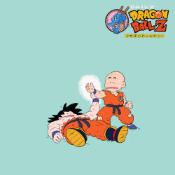  2boys bald bald_male black_eyes black_hair blue_background dragon_ball energy genki_dama holding_own_arm kuririn multiple_boys muscular muscular_male nervous_sweating nipples scratches son_goku surprised sweat torn_clothes  rating:General score:1 user:Diap5062