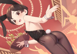  1girl :d alcohol animal_ears ass bare_shoulders black_leotard blush bow bowtie brown_eyes brown_hair cup detached_collar drinking_glass fake_animal_ears fake_tail flat_chest from_behind from_below highres leotard loli looking_at_viewer looking_back marine_(sagano_yuuji) nipple_slip nipples open_mouth original pantyhose playboy_bunny rabbit_ears rabbit_tail red_background reflection sagano_yuuji shiny_clothes short_hair smile solo strapless strapless_leotard tail thighhighs tray wrist_cuffs  rating:Questionable score:94 user:danbooru