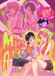  2girls audio_visualizer bare_shoulders black_eyes black_hair black_nails black_shorts blush braid cardiogram character_name chibi chibi_inset closed_mouth collared_shirt color_contrast colorful commentary dressing_another earrings feet_out_of_frame fingernails furrowed_brow graphic_equalizer hair_ornament hairpin halftone halftone_background hand_on_another&#039;s_chin hand_on_another&#039;s_knee head_only heart highres holding holding_phone hoop_earrings invisible_chair jewelry kininatteru_hito_ga_otoko_ja_nakatta koga_mitsuki long_fingernails looking_at_viewer midriff mole mole_under_eye multiple_girls multiple_views navel necklace neon_palette nervous oosawa_aya open_clothes open_mouth open_shirt orange_hair orange_tank_top parted_lips phone pink_eyes pink_hair punsai purple_eyes ring scrunchie ship_name shirt short_hair shorts single_off_shoulder sitting smile tank_top twin_braids wrist_scrunchie yuri 