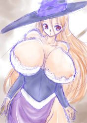 1girl areola_slip bare_shoulders breasts brown_eyes cleavage curvy detached_sleeves dragon&#039;s_crown dress female_focus female_pubic_hair gradient_background groin hat hip_focus huge_breasts koshigaya_tatsumi long_hair no_bra no_panties orange_hair pubic_hair pubic_hair_peek sketch small_nipples solo sorceress_(dragon&#039;s_crown) staff standing strapless strapless_dress vanillaware white_background wide_hips witch witch_hat rating:Questionable score:8 user:Xander