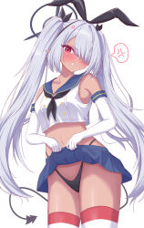  1girl absurdres angry babouto blue_archive blush breasts clothes_lift cosplay dark-skinned_female dark_skin grey_hair highres iori_(blue_archive) lifting_own_clothes looking_at_viewer navel red_eyes sakura_ayane shimakaze_(kancolle) shimakaze_(kancolle)_(cosplay) shirt_lift simple_background skirt small_breasts solo standing tail twintails voice_actor_connection white_background 