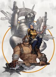  1girl 2boys abs arm_tattoo bandaged_arm bandages blue_hair blue_lips borderlands_(series) borderlands_2 bullet cleavage_cutout clothing_cutout commentary_request commission facial_hair goatee gun handgun highres holding holding_gun holding_weapon krieg marcus_kincaid mask maya_(borderlands) multiple_boys muscular muscular_male penett scar scar_on_chest siren_(borderlands) sitting_on_shoulder tattoo weapon 